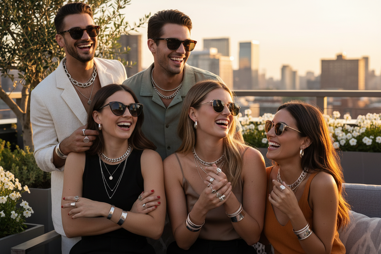 Amigos usando óculos e acessórios em prata